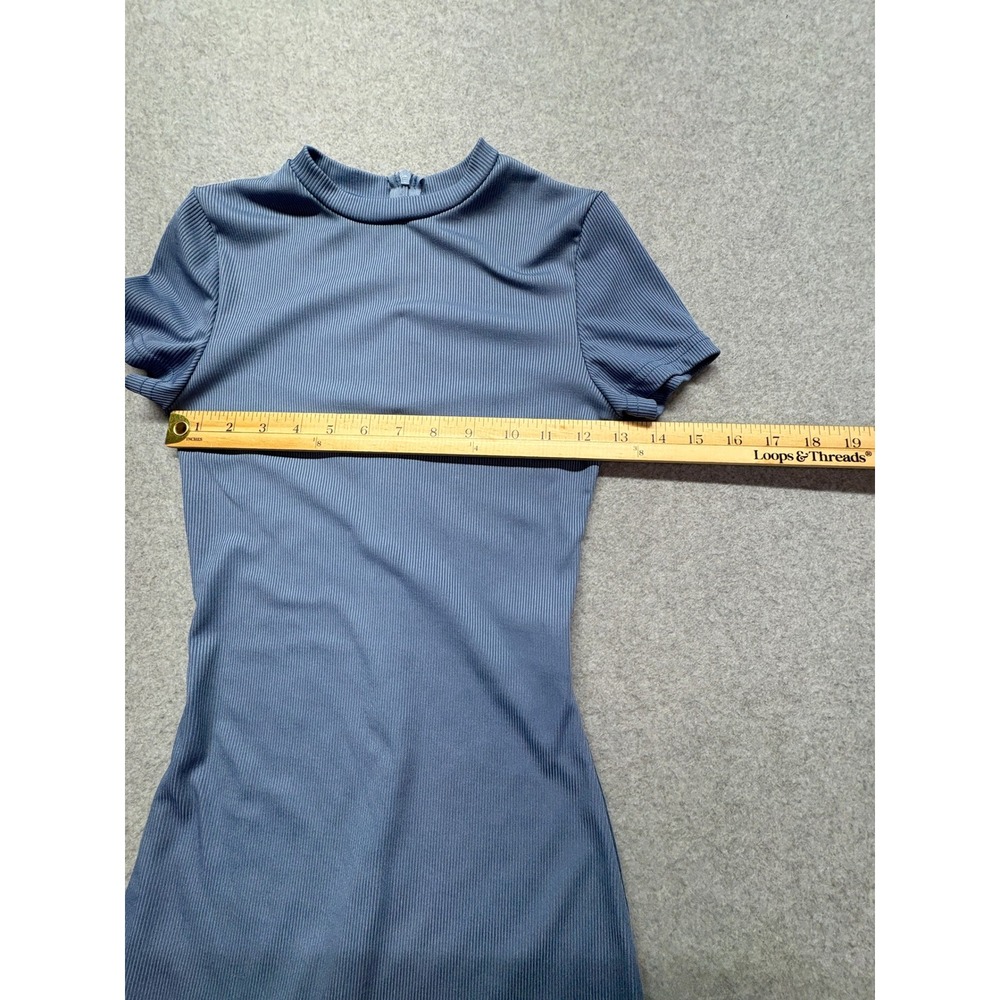 Ribbed Mock Neck Short Sleeve Romper Dusty Blue XS Athleisure Bodycon Jumpsuit - Picture 6 of 14